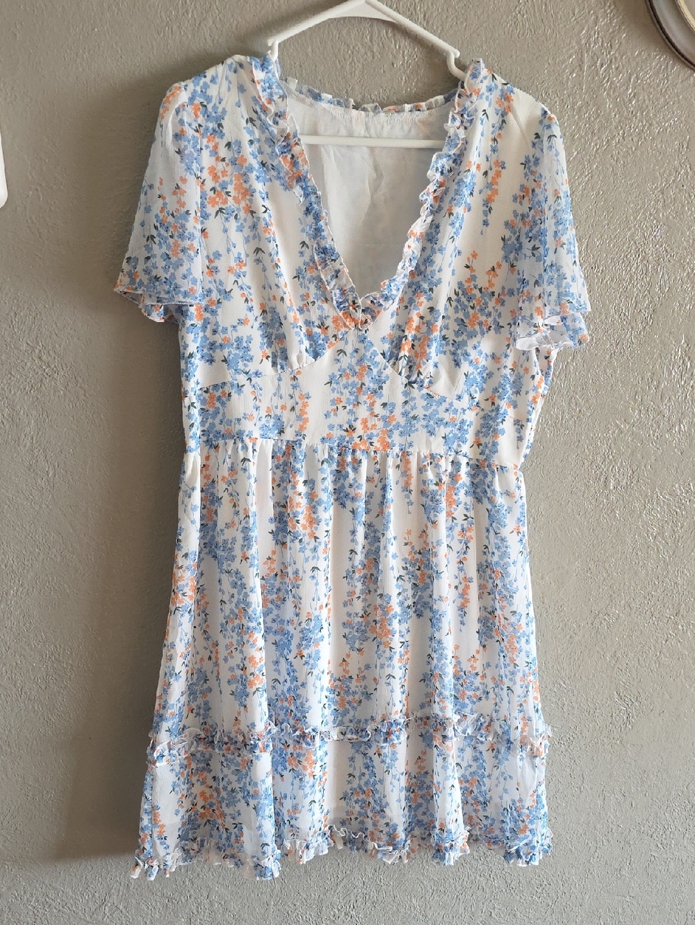 SHEIN White Floral Midi Dress with Blue and Peach Flowers